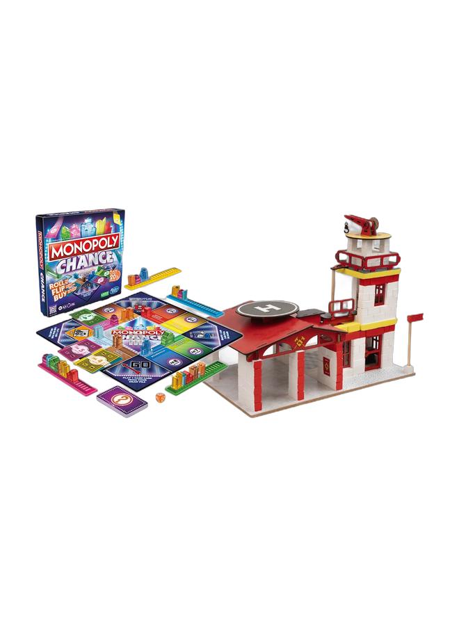 Monopoly Chance Board Game - Fast-Paced, Family Fun, Risk-Taking Board Game for Kids and Adults, Strategic Property Buying, 20-Minute Gameplay, Skyline Building, Ages 8+, 2-4 players & The fire department Kit: The Perfect Introduction to Real-World Engineering , Ages 10+, 303 Pcs Bundle - Image 1